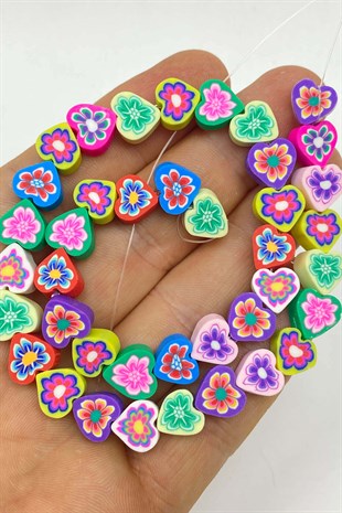 Rengarenk Kalp Figürlü Çiçekli Fimo Hamur Boncuk