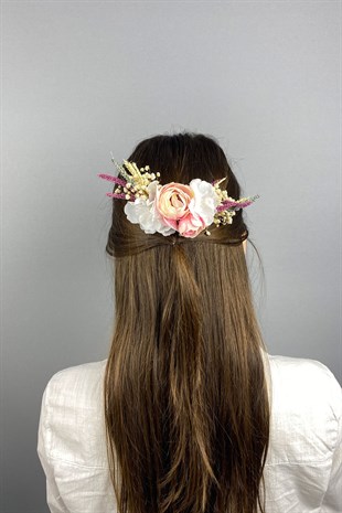 Rengarenk Kuru ve Yapay Çiçekli Taraklı Saç Tokası