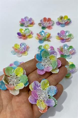 Rengarenk Sedef Yapraklı Kristal Boncuklu İncili Broş