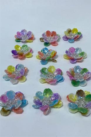 Rengarenk Sedef Yapraklı Kristal Boncuklu İncili Broş