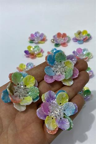Rengarenk Sedef Yapraklı Kristal Boncuklu İncili Broş