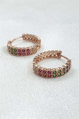 Rengarenk Yuvalı Taşlı Rose Renk Küpe