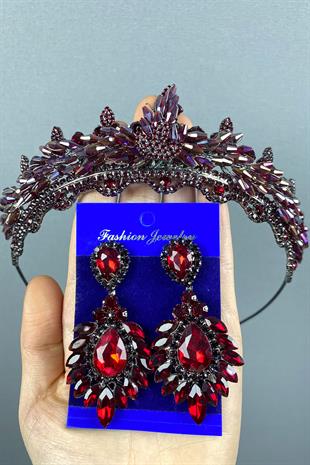 Colorful Burgundy Lena Crystal Bridal Henna Crown And Stone Earring Set