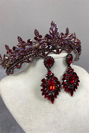 Colorful Burgundy Lena Crystal Bridal Henna Crown And Stone Earring Set
