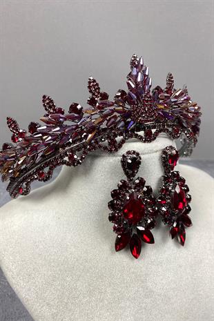 Colorful Burgundy Lena Crystal Bridal Henna Tiara and Stud Earrings Set