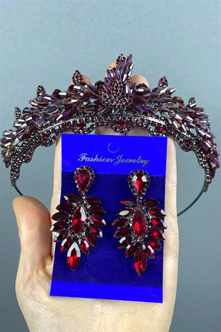Colorful Burgundy Lena Crystal Bridal Henna Crown And Earring Set