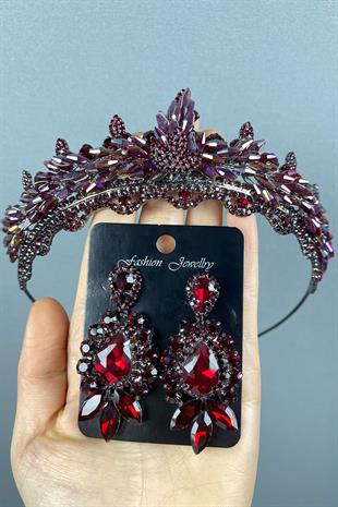 Colorful Burgundy Lena Crystal Bridal Henna Tiara and Stud Earrings Set