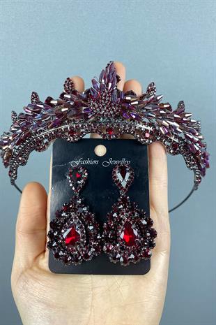 Colorful Burgundy Lena Crystal Bridal Henna Crown And Stone Earring Set