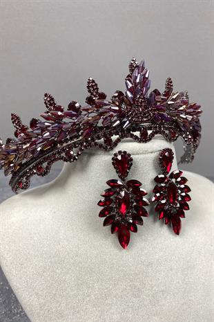 Colorful Burgundy Lena Crystal Bridal Henna Crown And Earring Set