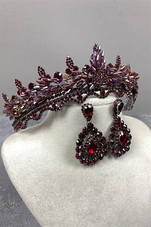 Colorful Burgundy Lena Crystal Bridal Henna Crown And Stone Earring Set