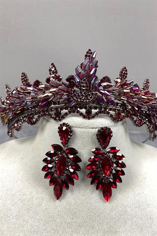 Colorful Burgundy Lena Crystal Bridal Henna Crown And Earring Set