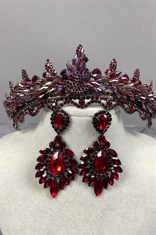 Colorful Burgundy Lena Crystal Bridal Henna Crown And Stone Earring Set