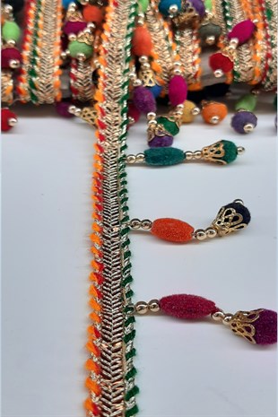 Renkli Kadife Boncuklu Badem Sacak Serit