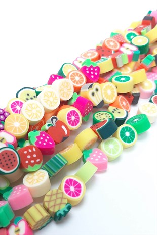 Renkli Karışık Meyve Desenli Fimo Hamur Boncuk 6mm