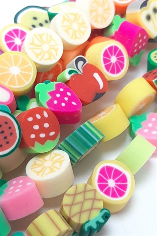 Renkli Karışık Meyve Desenli Fimo Hamur Boncuk 6mm