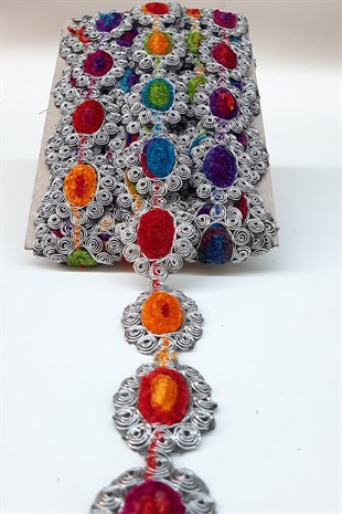 Renkli Oval Desenli Antik Şerit Güpür