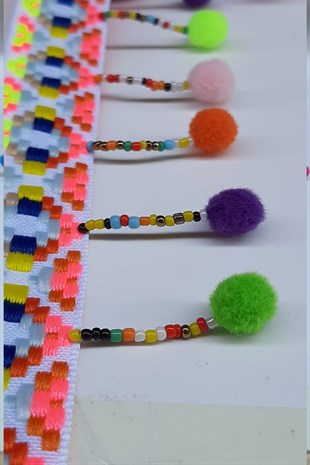 Renkli Ponpon Boncuklu Sacak Serit