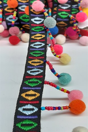 Renkli Ponpon Kum Boncuklu Sacak Serit