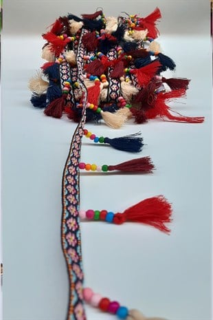 Renkli Püsküllü Boncuklu Sacak Serit