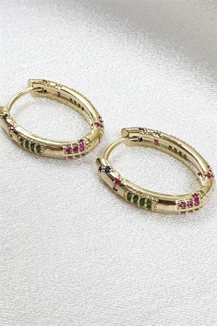 Renkli Taşlı Tureis Gold Küpe