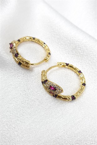 Renkli Yılan Desenli Gold Zirkon Küpe