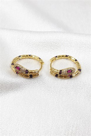 Renkli Yılan Desenli Gold Zirkon Küpe