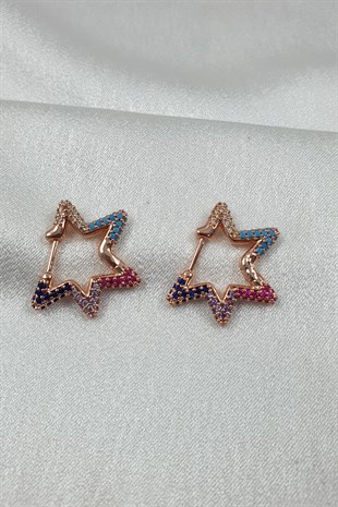 Renkli Yıldız Desenli Bronz Zirkon Küpe