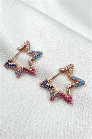 Renkli Yıldız Desenli Bronz Zirkon Küpe