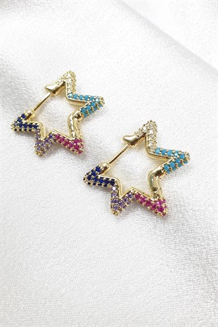 Renkli Yıldız Desenli Gold Zirkon Küpe