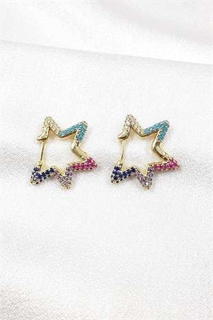 Renkli Yıldız Desenli Gold Zirkon Küpe