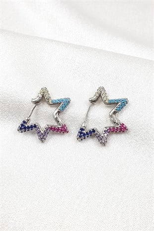 Renkli Yıldız Desenli Gümüş Zirkon Küpe