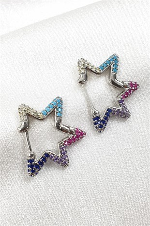 Renkli Yıldız Desenli Gümüş Zirkon Küpe