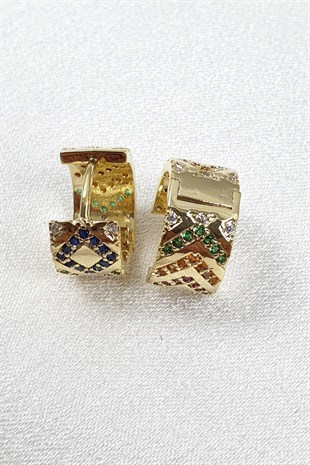 Renkli Zİrkon Taşlı Gold Halka Küpe