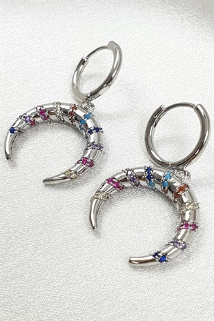 Renkli Zİrkon Taşlı Gold Hilal Küpe