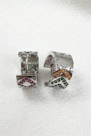 Renkli Zİrkon Taşlı Gümüş Halka Küpe