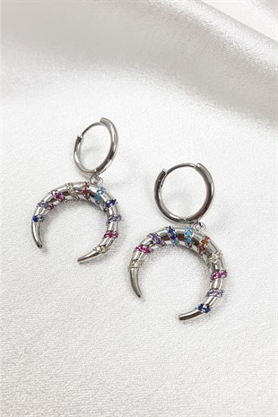 Renkli Zİrkon Taşlı Gümüş Hilal Küpe