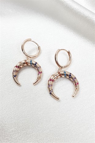 Renkli Zİrkon Taşlı Rose Hilal Küpe