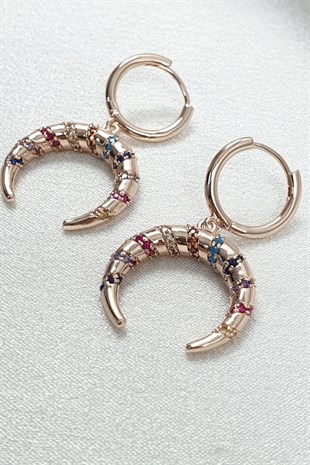 Renkli Zİrkon Taşlı Rose Hilal Küpe