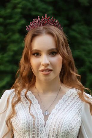 Rio Model Gelin Kına Tacı Prenses Tacı Düğüne Kristal Taşlı Taç Bordo