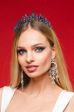 Rio Model Gelin Kına Tacı Prenses Tacı Düğüne Kristal Taşlı Taç Lacivert