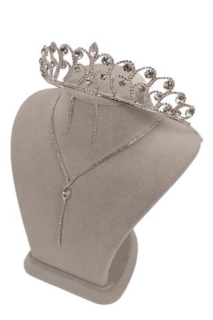 Rio Şık Kristal Taşlı Abiye Kolye Küpe Seti Ve Gül Gelin Tacı