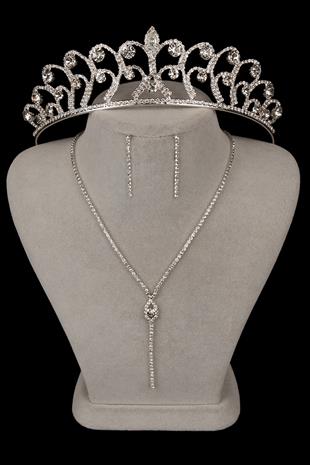 Rio Şık Kristal Taşlı Abiye Kolye Küpe Seti Ve Gül Gelin Tacı