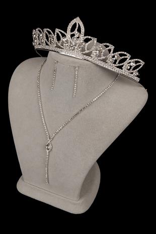 Rio Şık Kristal Taşlı Abiye Kolye Küpe Seti Ve Yaprak Gelin Tacı