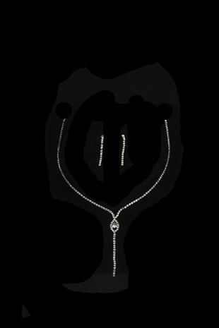 Rio Şık Kristal Taşlı Abiye Kolye Küpe Seti Ve Yaprak Gelin Tacı