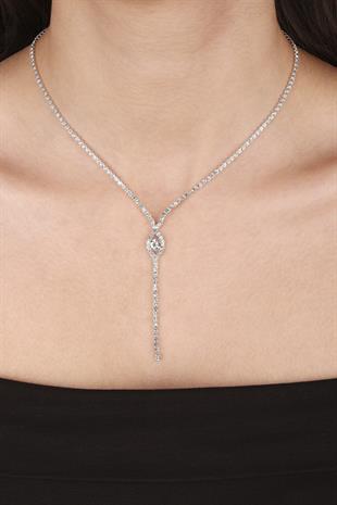 Rio Şık Kristal Taşlı Abiye Kolye Küpe Seti Ve İnce Yaprak Gelin Tacı