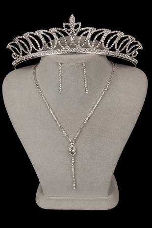 Rio Şık Kristal Taşlı Abiye Kolye Küpe Seti Ve Lale Gelin Tacı