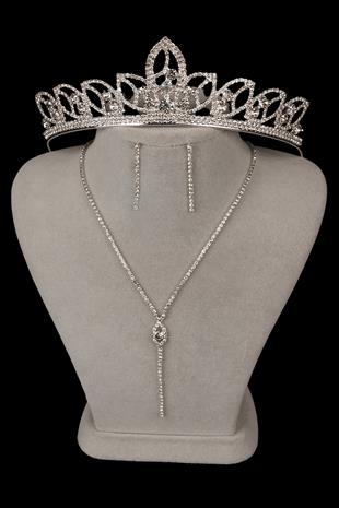 Rio Şık Kristal Taşlı Abiye Kolye Küpe Seti Ve Yaprak Gelin Tacı