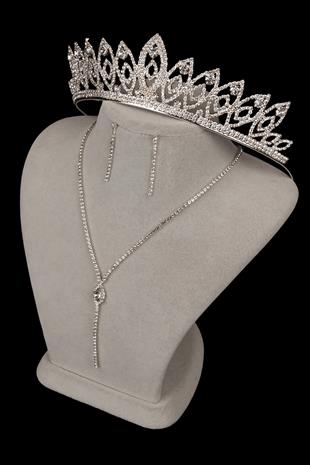 Rio Şık Kristal Taşlı Abiye Kolye Küpe Seti Ve İnce Yaprak Gelin Tacı