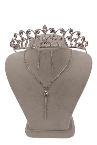 Rio Şık Kristal Taşlı Abiye Kolye Küpe Seti Ve Gül Gelin Tacı