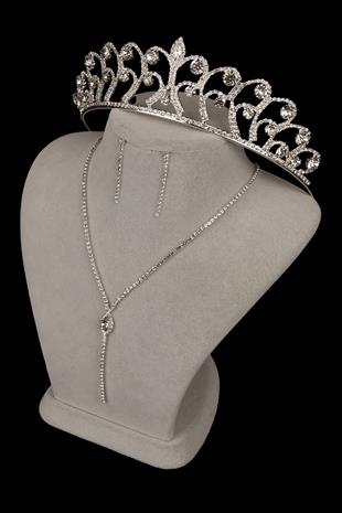 Rio Şık Kristal Taşlı Abiye Kolye Küpe Seti Ve Gül Gelin Tacı